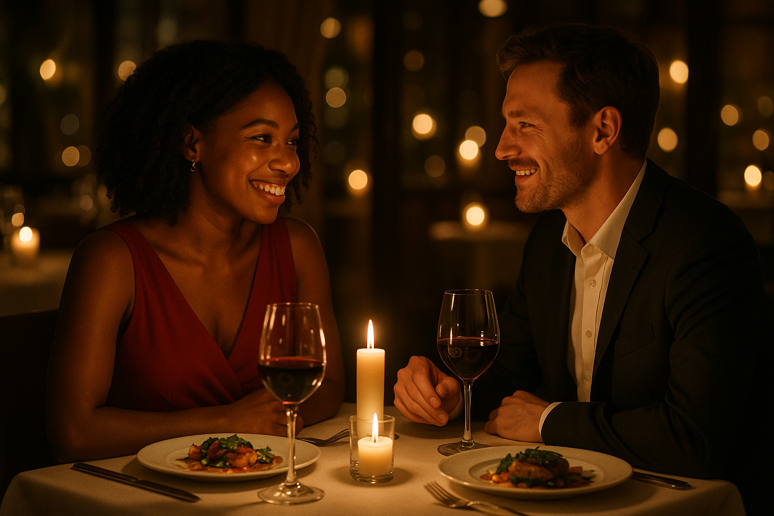 AN BLACK LADY WITH A WHITE MAN HAVING DINNER IN LOVE 
