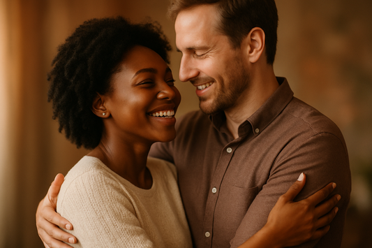 IMAGE OF AN AFRICAN WOMAN WITH A CAUCASIAN MAN HUGGING AND IN LOVE 